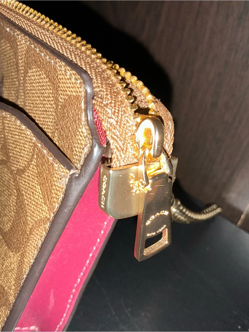 Coach Brown Signature Floral Canvas Crossbody with Gold Chain